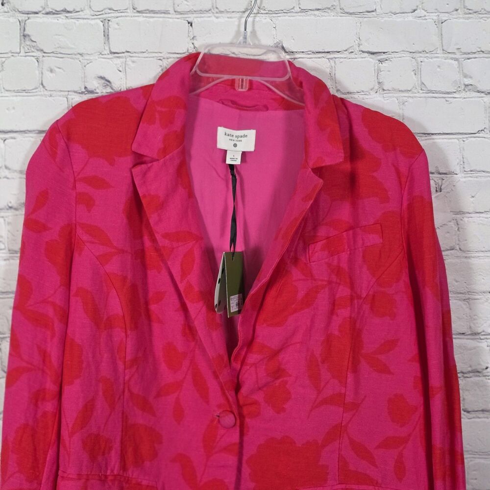 Kate Spade Women's Large Pink- Red Floral Linen Blazer - Picture 2 of 12
